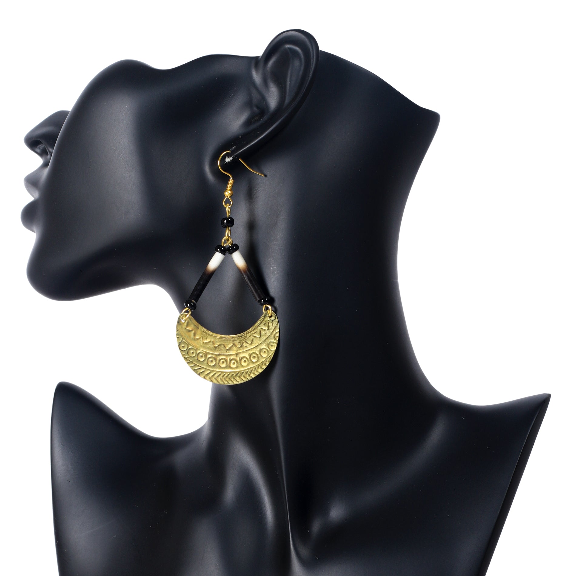 Statement dangle earrings featuring genuine porcupine quills and an etched gold-plated crescent pendant.