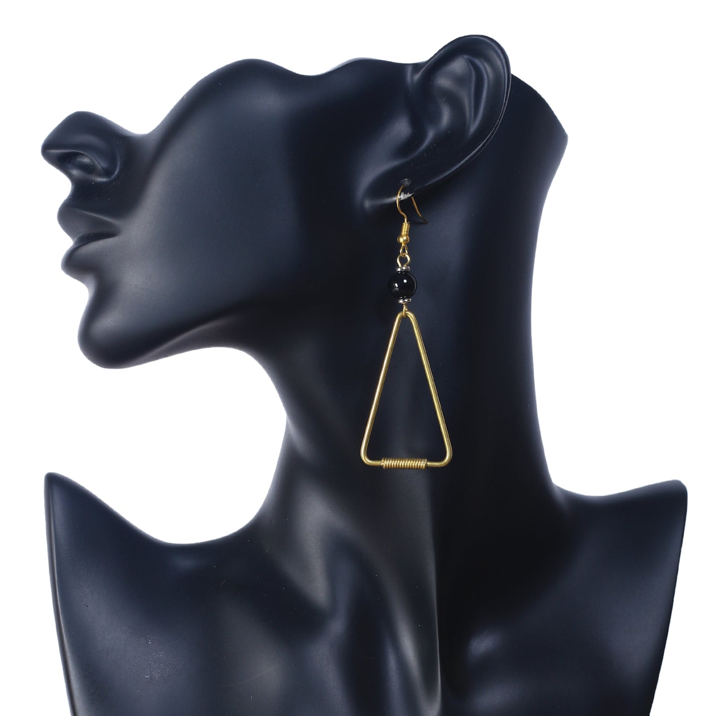 A pair of open-frame, gold-plated triangle earrings with a wire-wrapped base and black bead accents