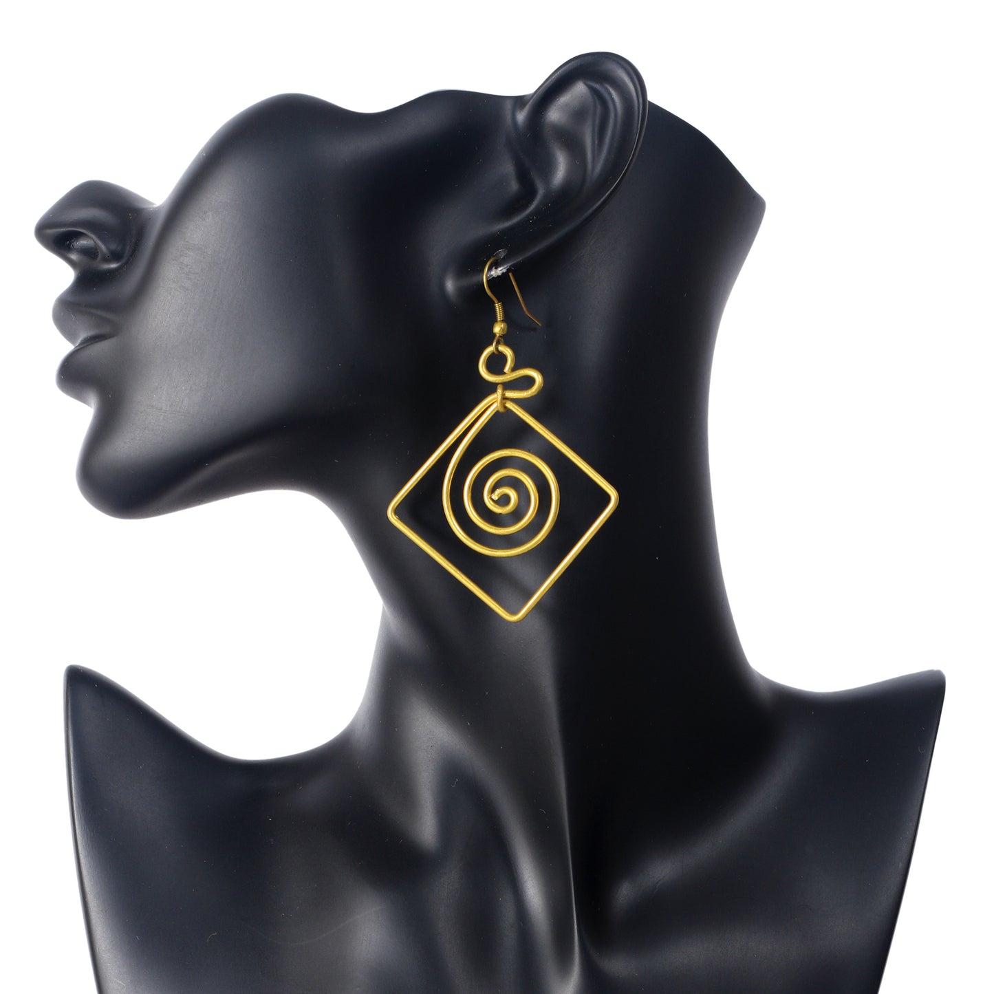 A pair of large, gold-plated geometric earrings with a square wire frame and a round spiral in the center.