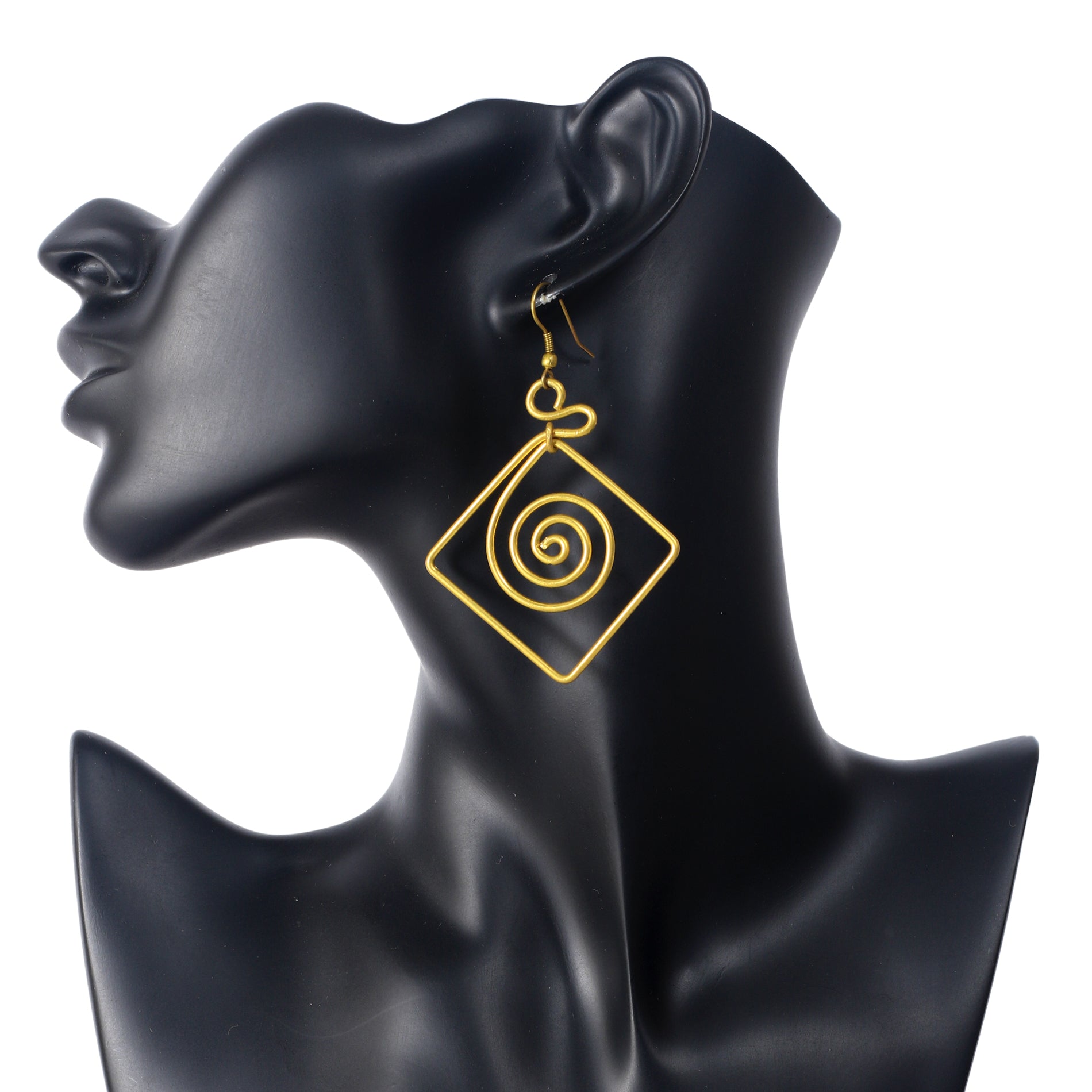 A pair of large, gold-plated geometric earrings with a square wire frame and a round spiral in the center.