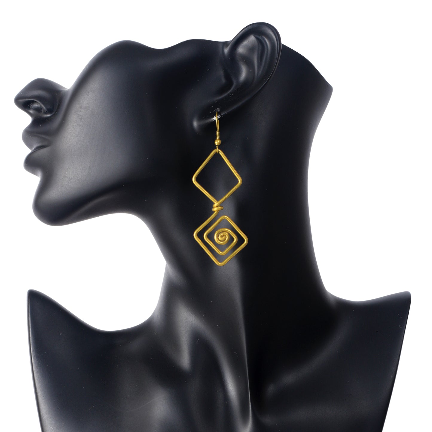 A pair of large, gold-plated geometric earrings with a stacked square frame and a center spiral in the bottom square.