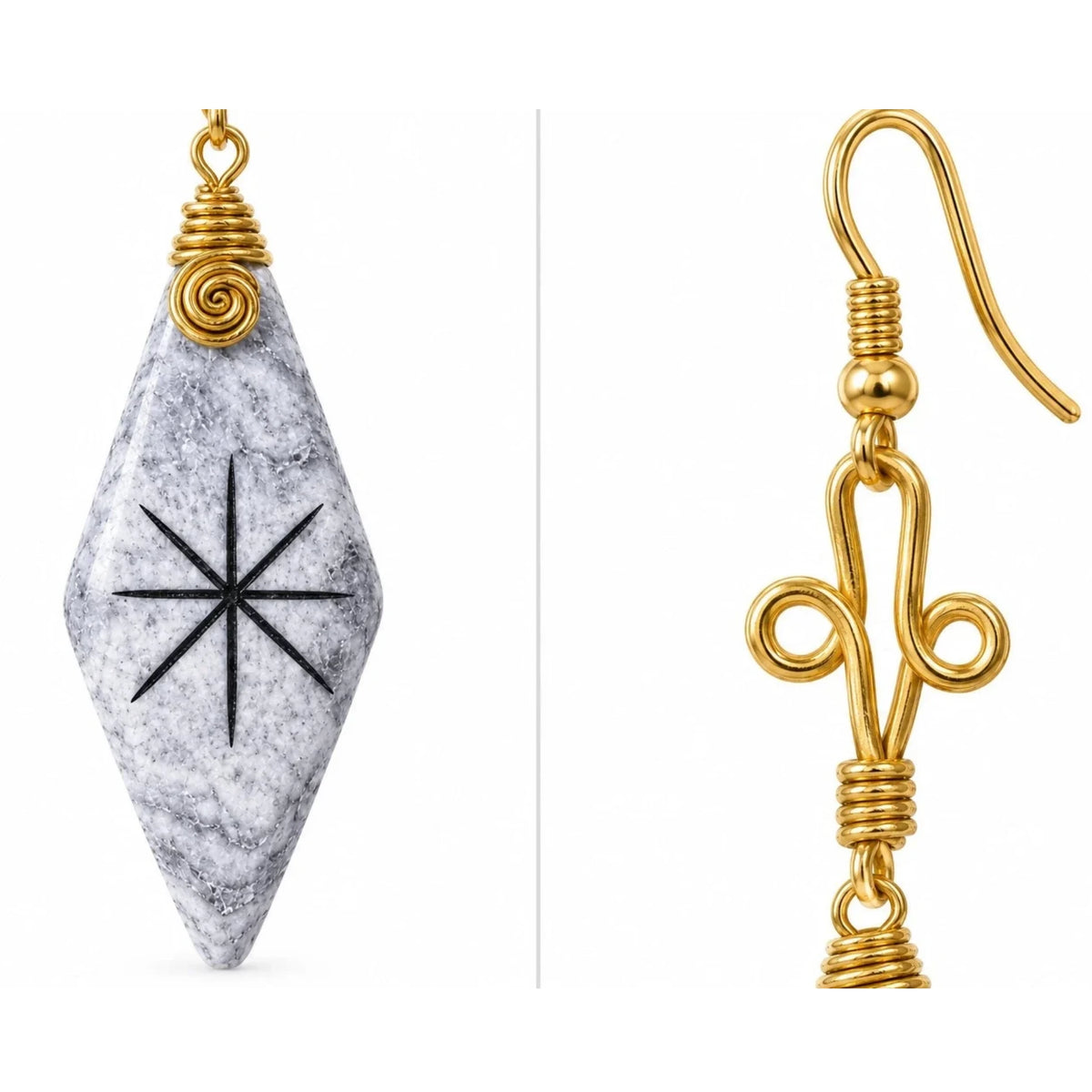 Detailed close-up shot showing the camel bone pendant with black starburst engraving alongside the gold-plated brass wire wrapped ear wire.