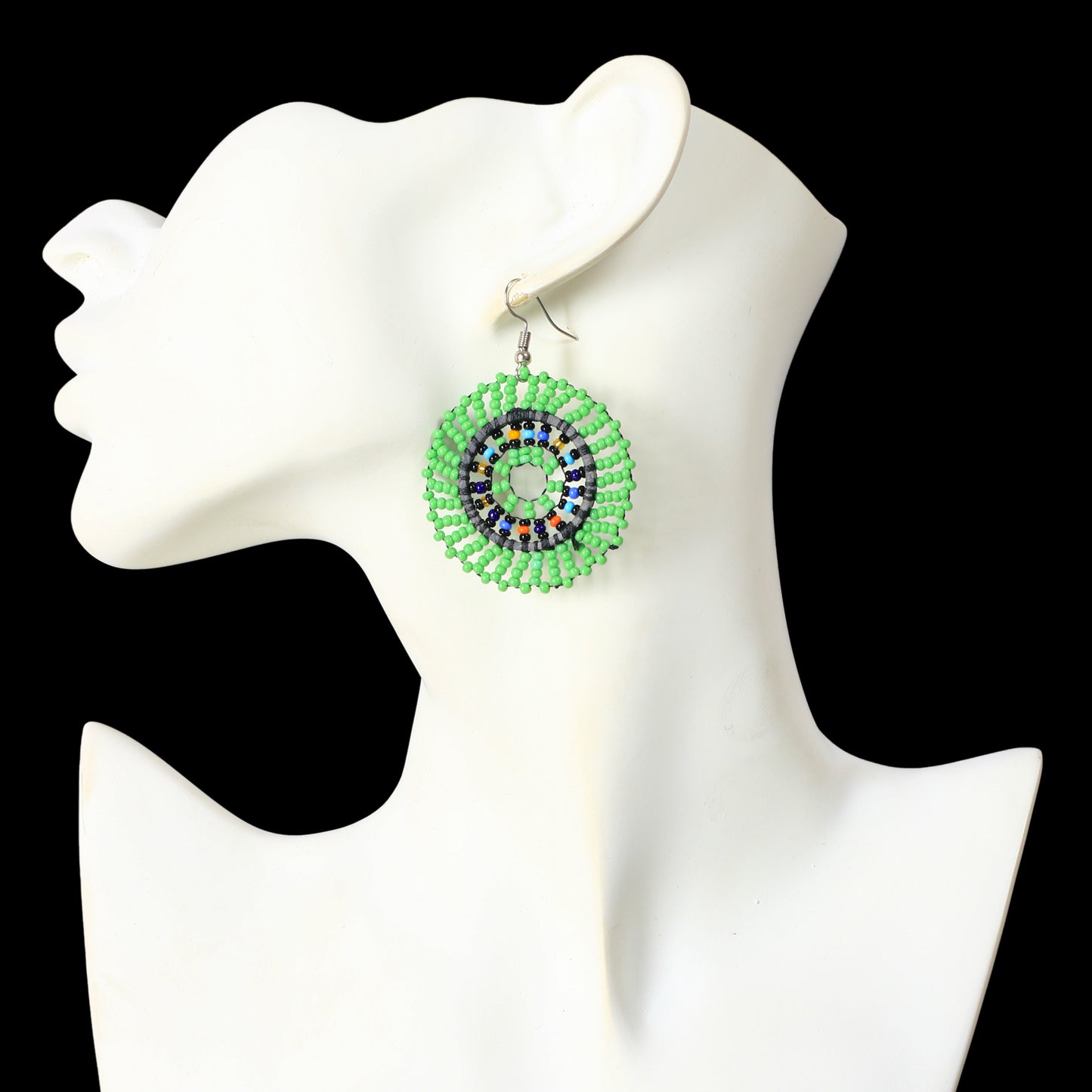 Green Beaded Disc Earrings | Hand-Woven Seed Bead Jewelry