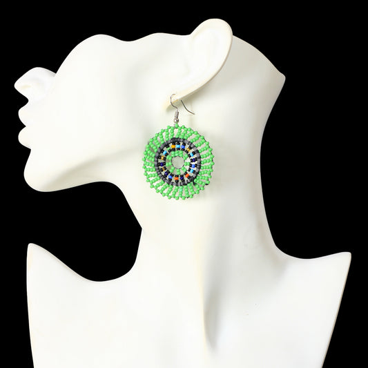 Green Beaded Disc Earrings | Hand-Woven Seed Bead Jewelry