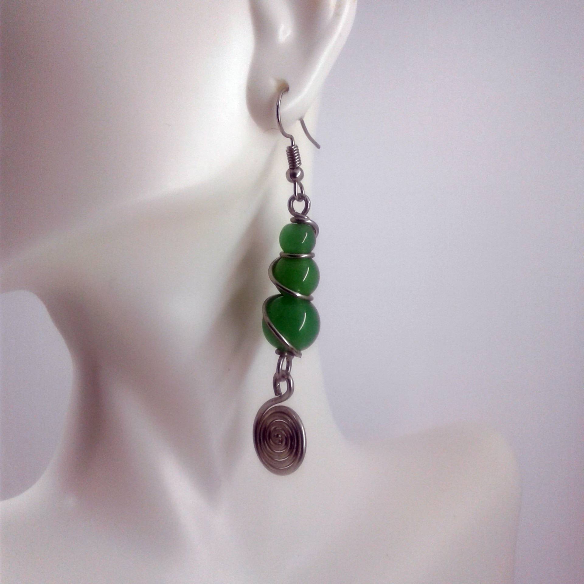 Green Beaded Earrings, handmade with silver plated brass and green beads