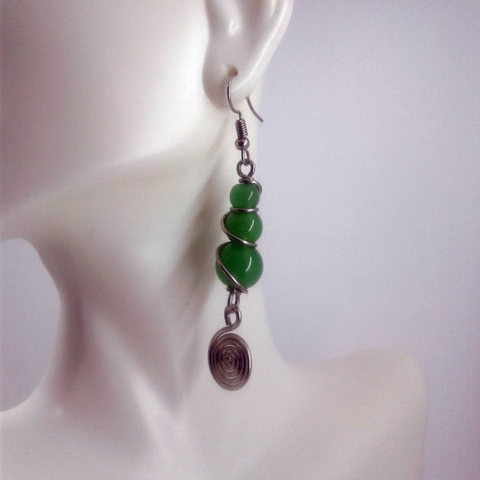 Green Beaded Earrings, handmade with silver plated brass and green beads