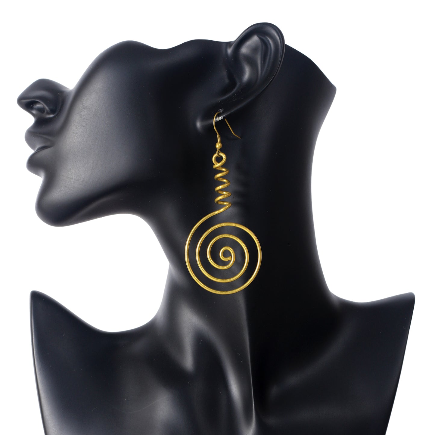 A pair of large, gold-plated wire earrings featuring a 3D conical spiral that flows into a large, flat spiral disc.