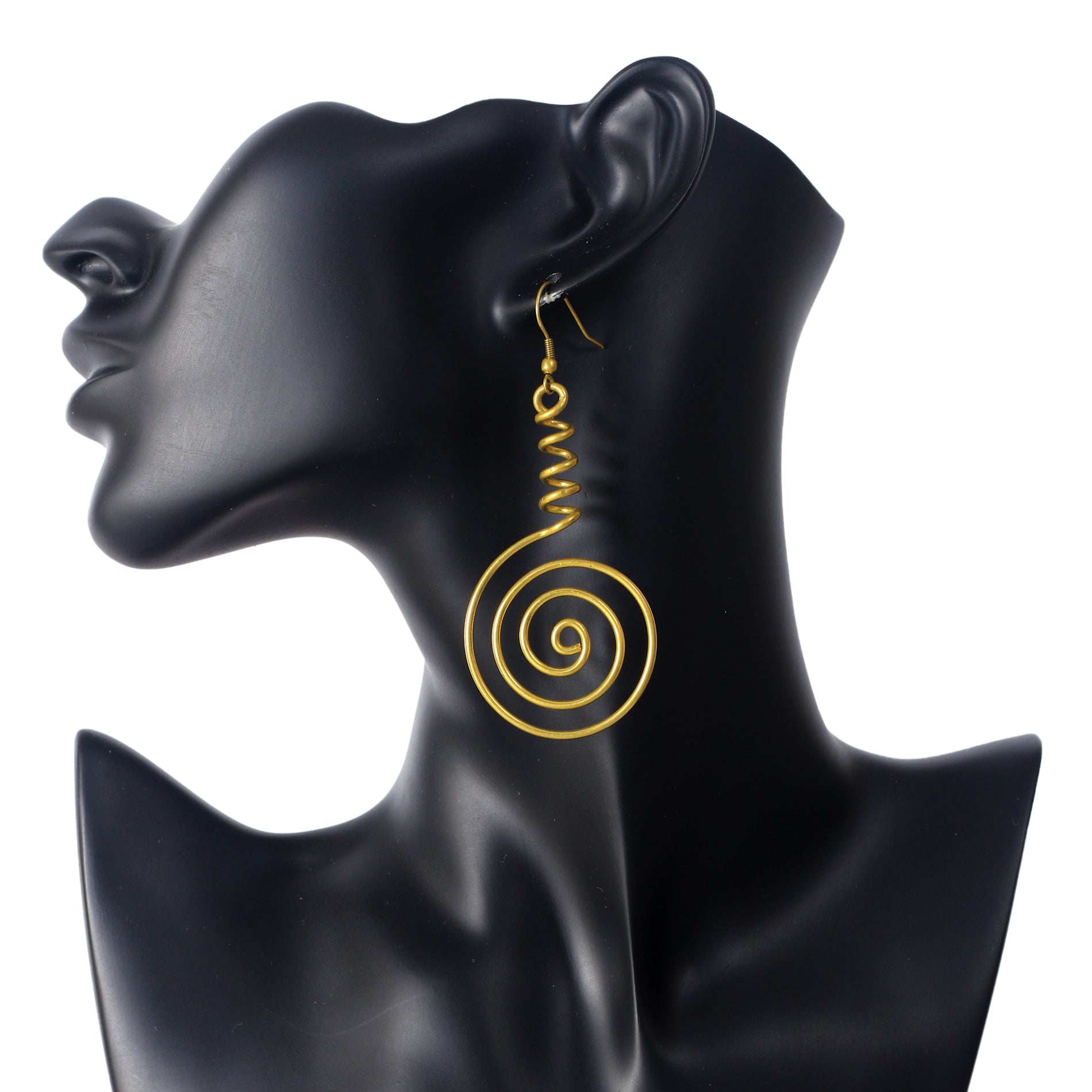A pair of large, gold-plated wire earrings featuring a 3D conical spiral that flows into a large, flat spiral disc.