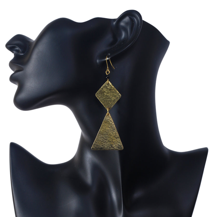 A pair of long, hammered gold-plated earrings with a stacked diamond shape and a large triangle drop.