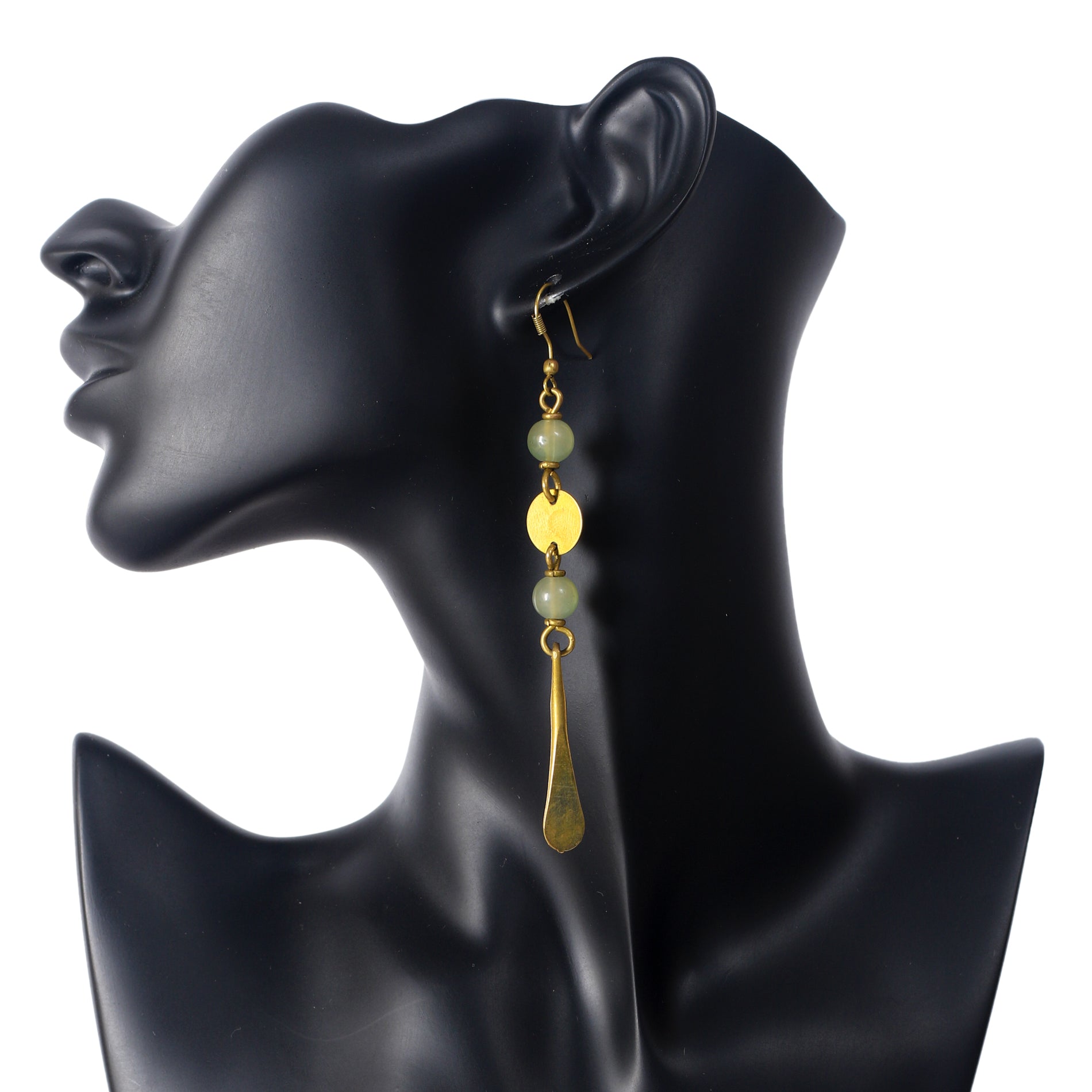 Long gold-plated dangle earrings with marbled green stone beads, a flat disc, and a long tapered paddle drop.