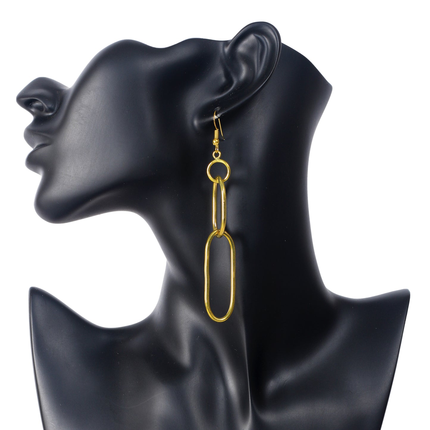 A pair of long, gold-plated earrings with two links: a small round ring and a large, elongated oval loop.