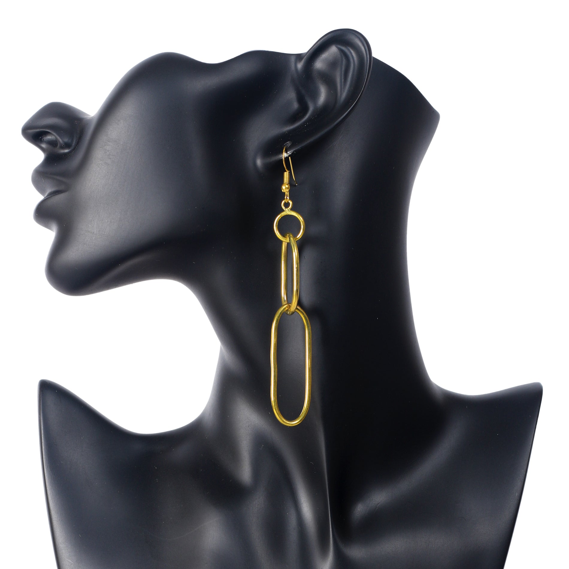 A pair of long, gold-plated earrings with two links: a small round ring and a large, elongated oval loop.