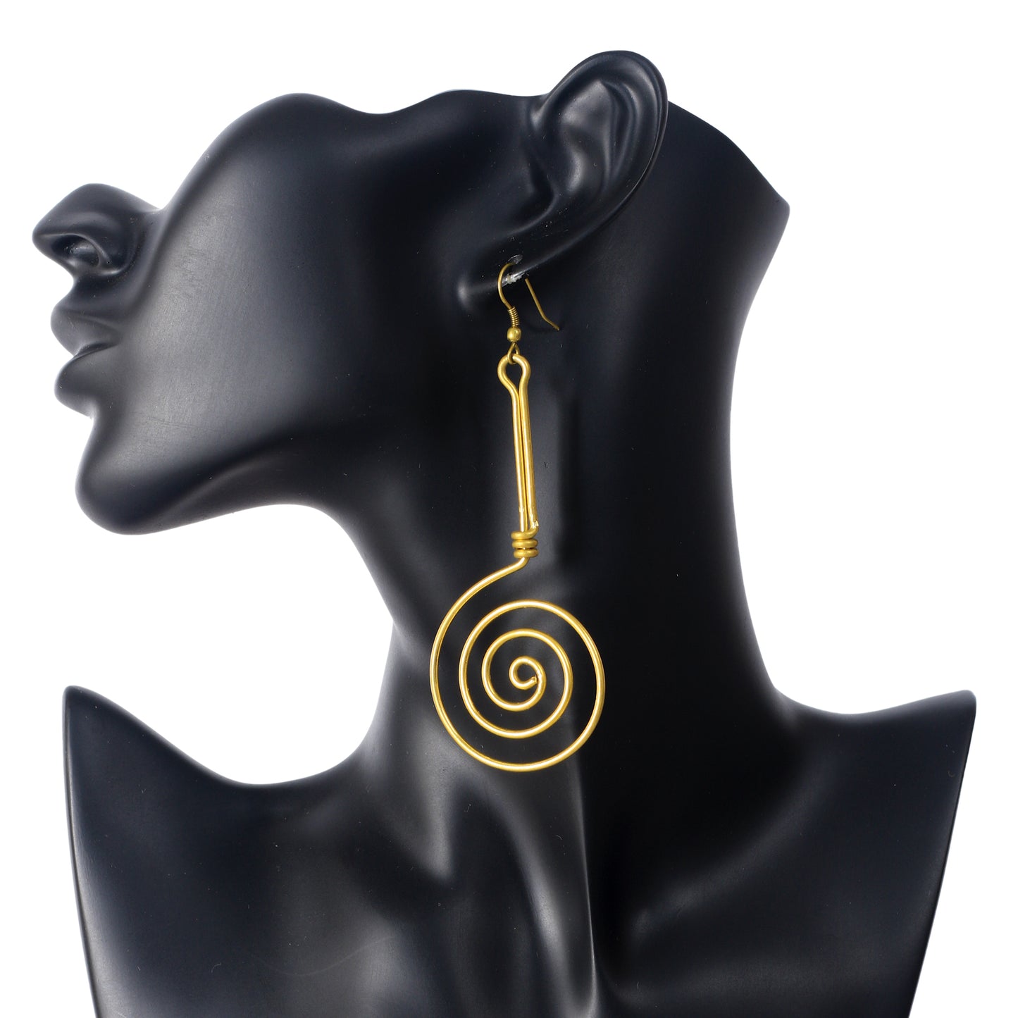 A pair of long, gold-plated dangle earrings with a wire-wrapped bar and a large, flat spiral drop.