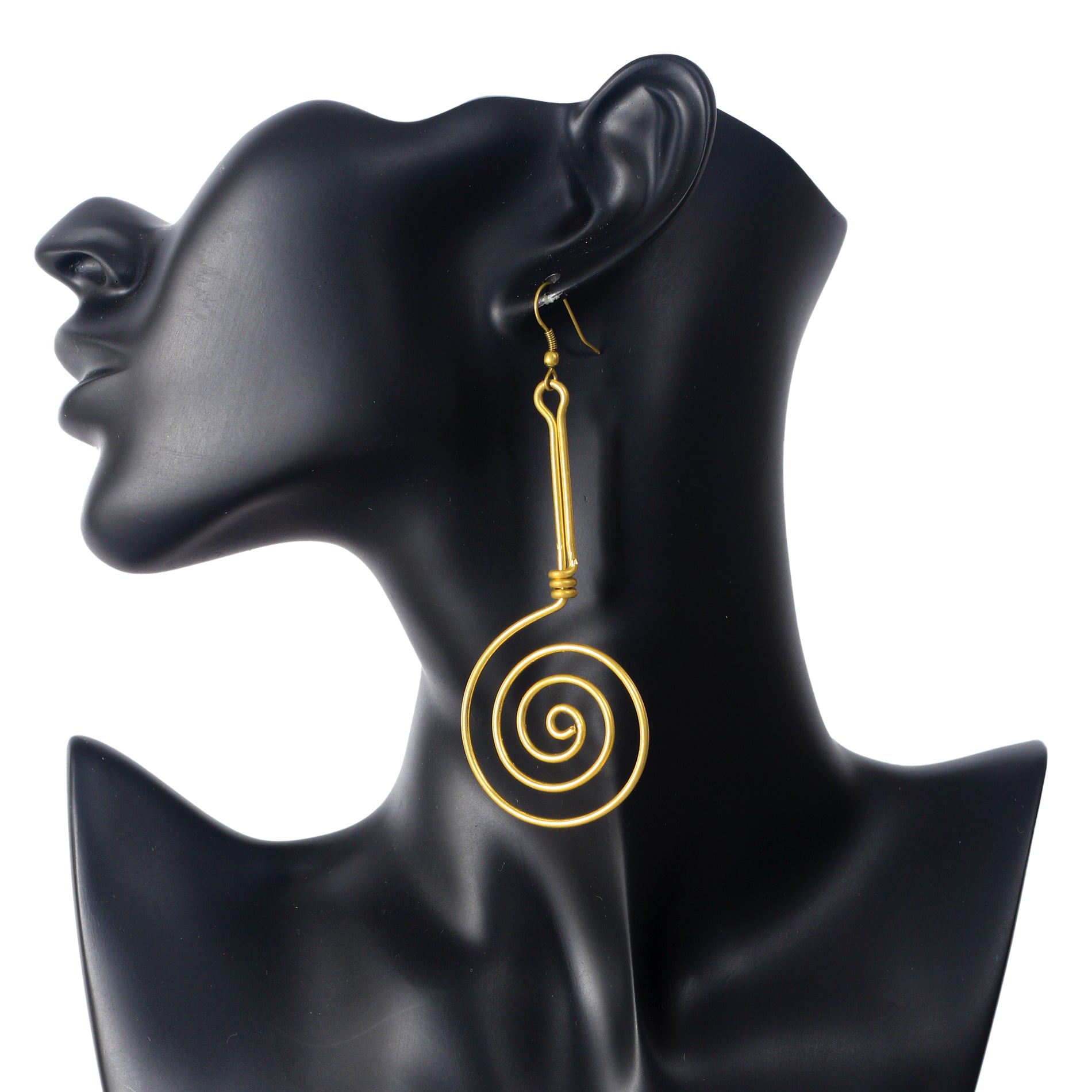 A pair of long, gold-plated dangle earrings with a wire-wrapped bar and a large, flat spiral drop.