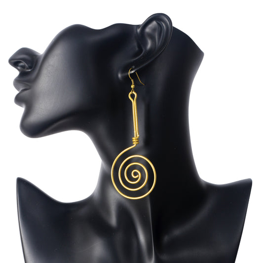 A pair of long, gold-plated dangle earrings with a wire-wrapped bar and a large, flat spiral drop.