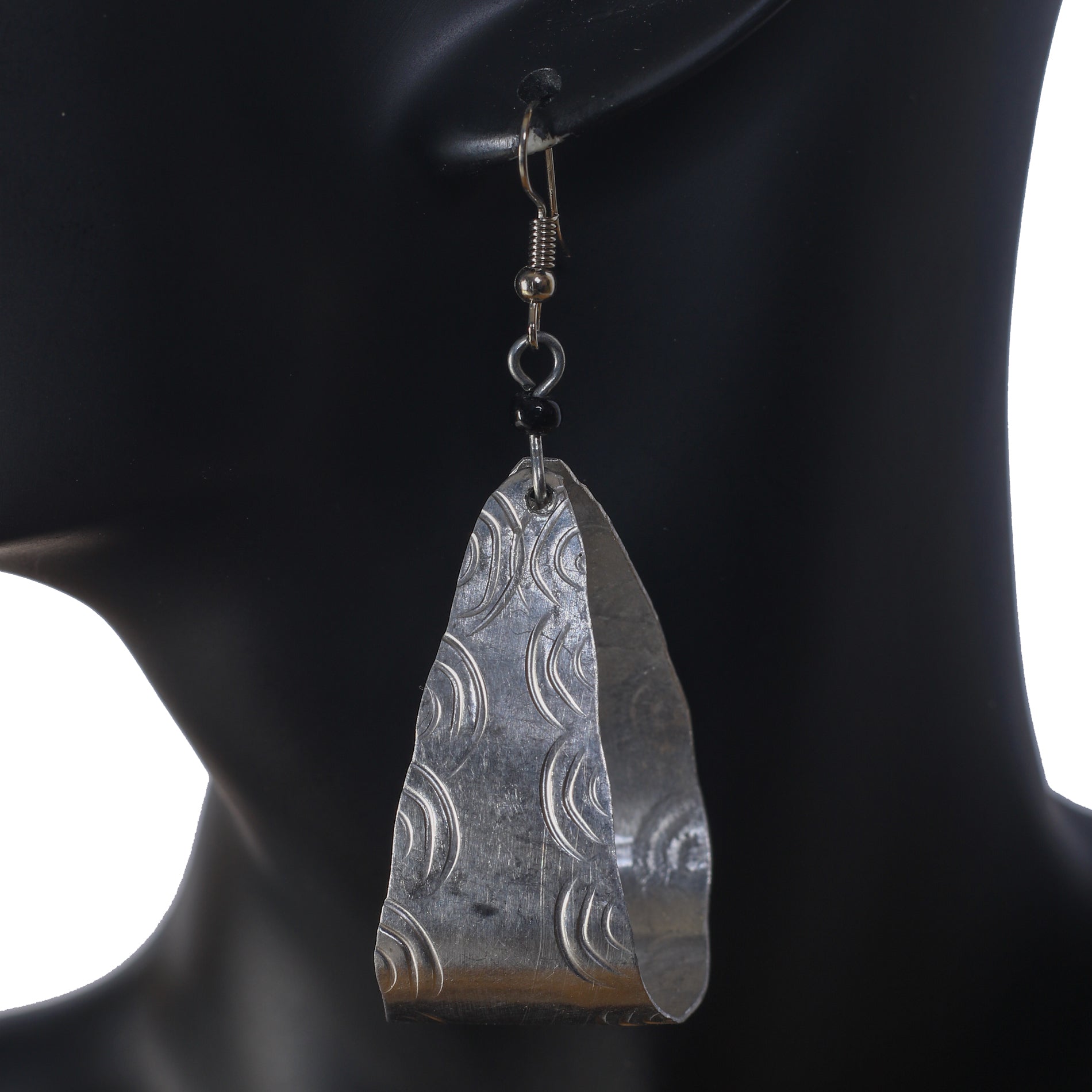 A pair of lightweight, hollow, open-teardrop hoop earrings with a brushed silver-plated finish.