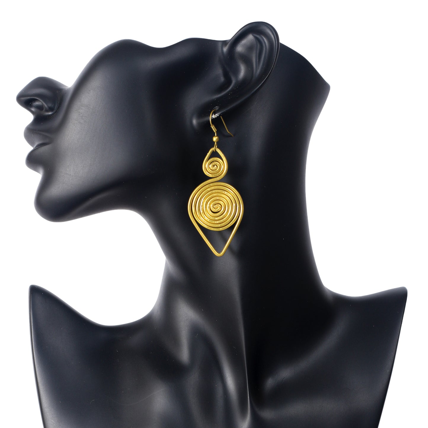 A pair of large, gold-plated earrings with two stacked spiral discs and a V-shaped triangle frame.