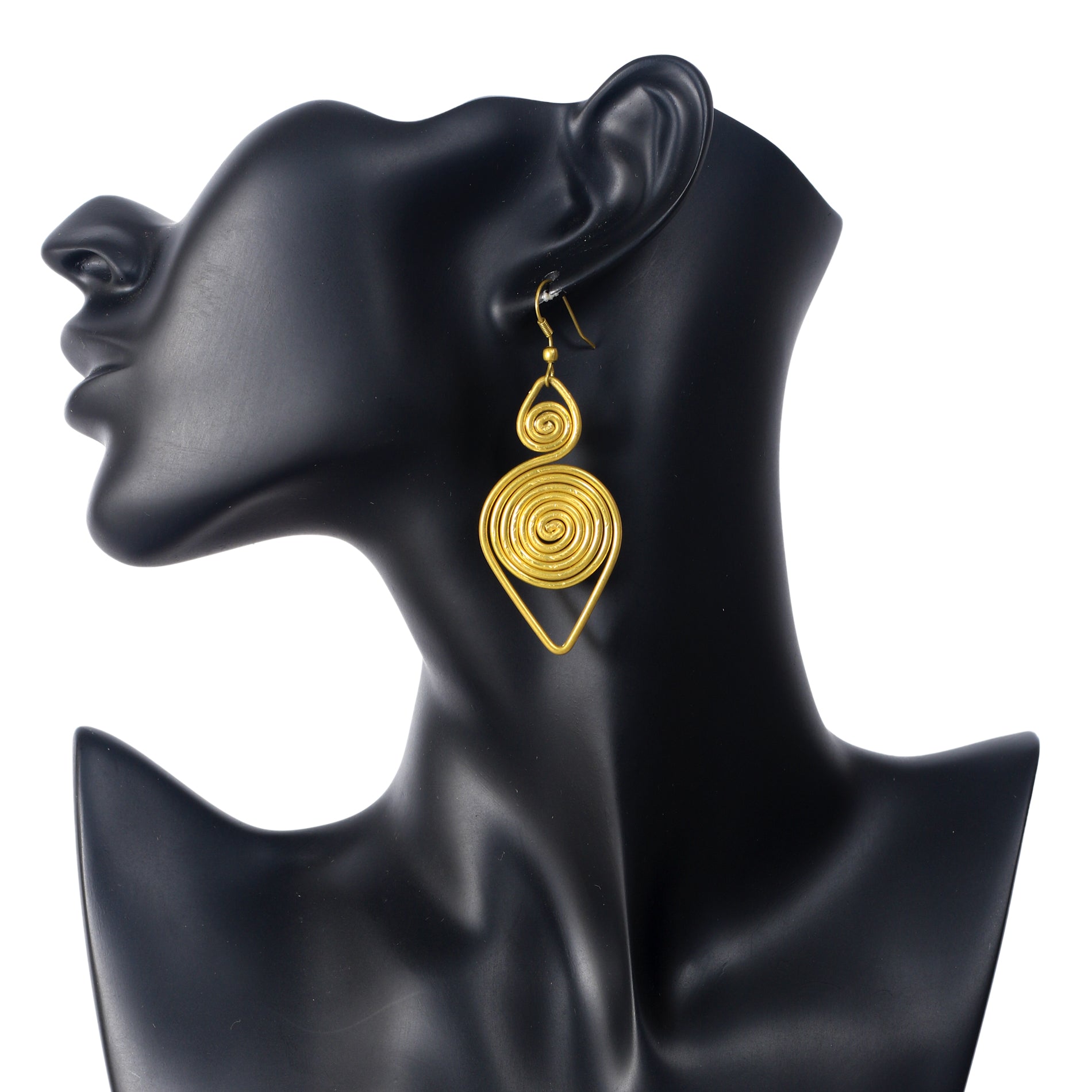 A pair of large, gold-plated earrings with two stacked spiral discs and a V-shaped triangle frame.