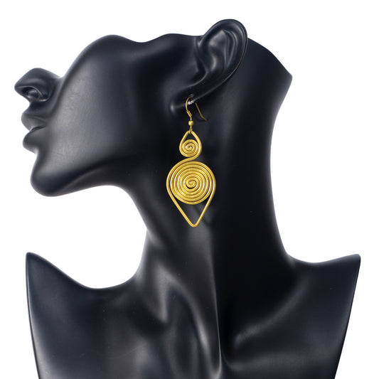 A pair of large, gold-plated earrings with two stacked spiral discs and a V-shaped triangle frame.