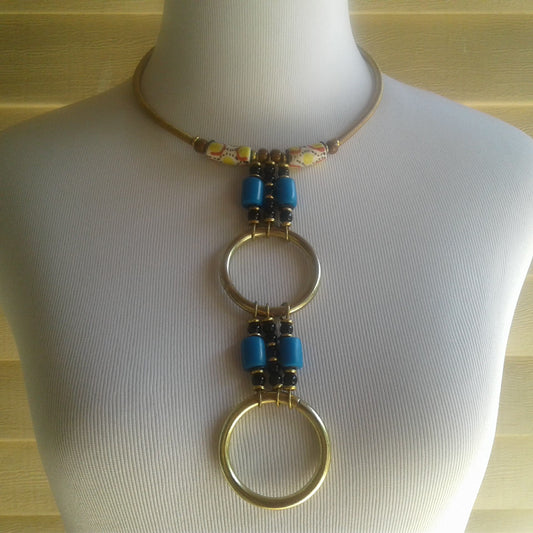 Necklace with amber beads and gold plated brass