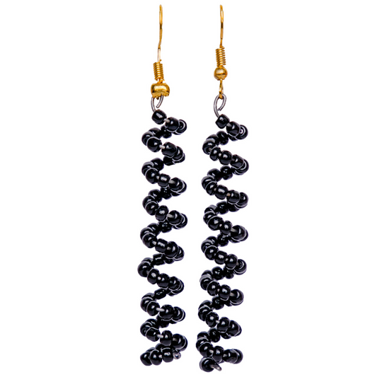 Black beaded spiral earrings