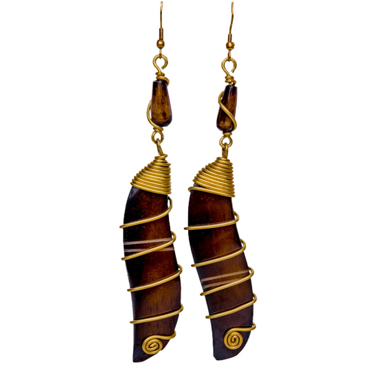 Black and brown long bar earrings made with camel bones and gold plated brass
