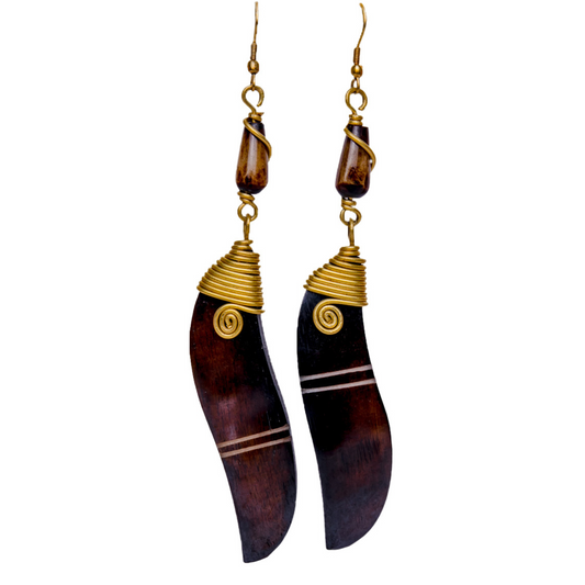 Black and brown long bar earrings handmade with camel bone and gold plated brass.