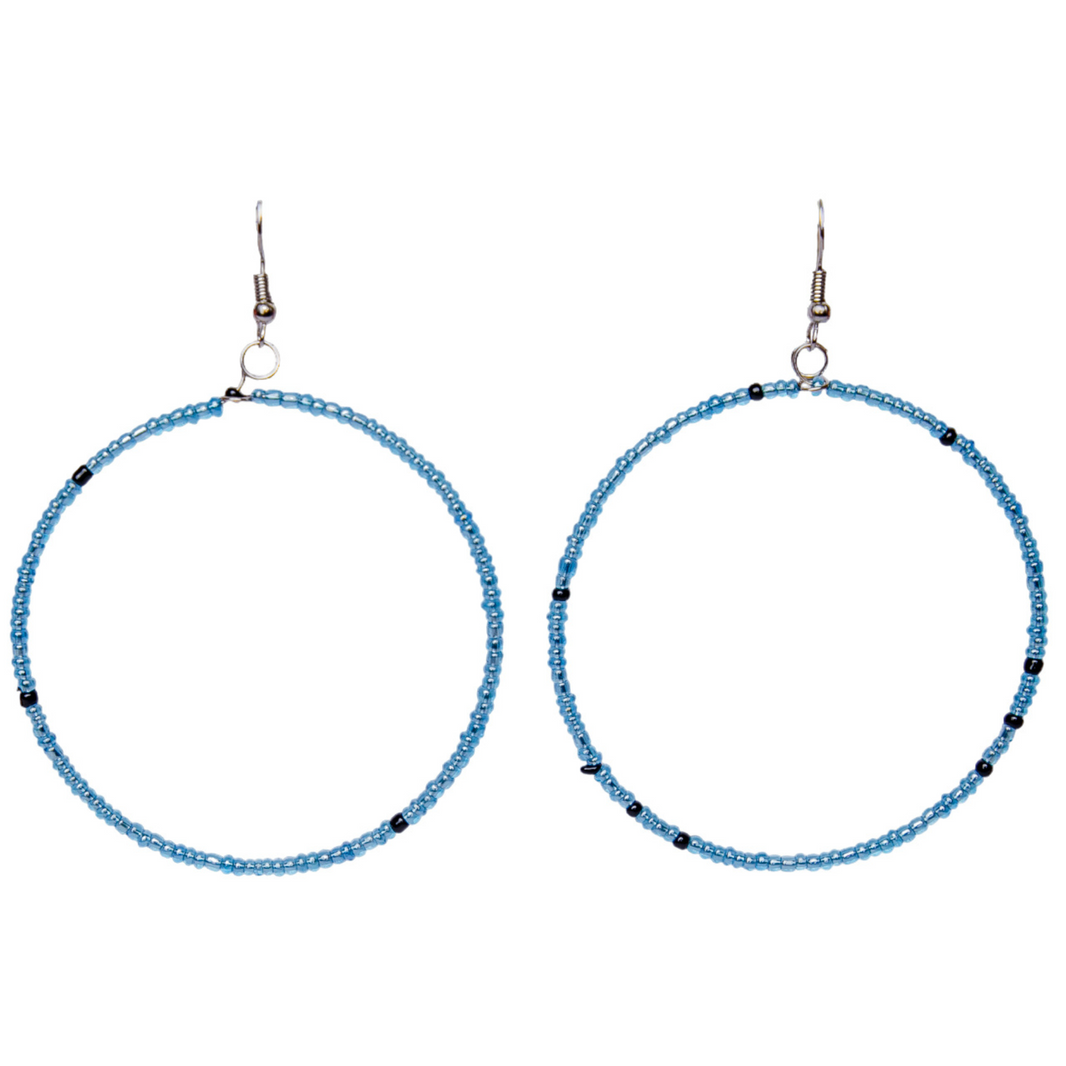 MEDIUM GLASS BEAD HOOP EARRINGS - NEON BLUE