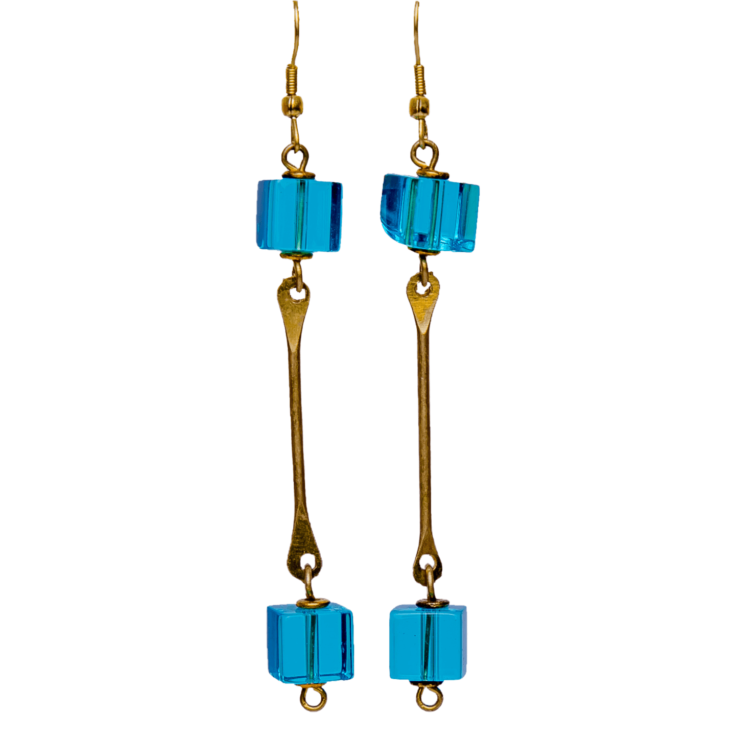 Long earrings handmade with gold plated brass and blue beads