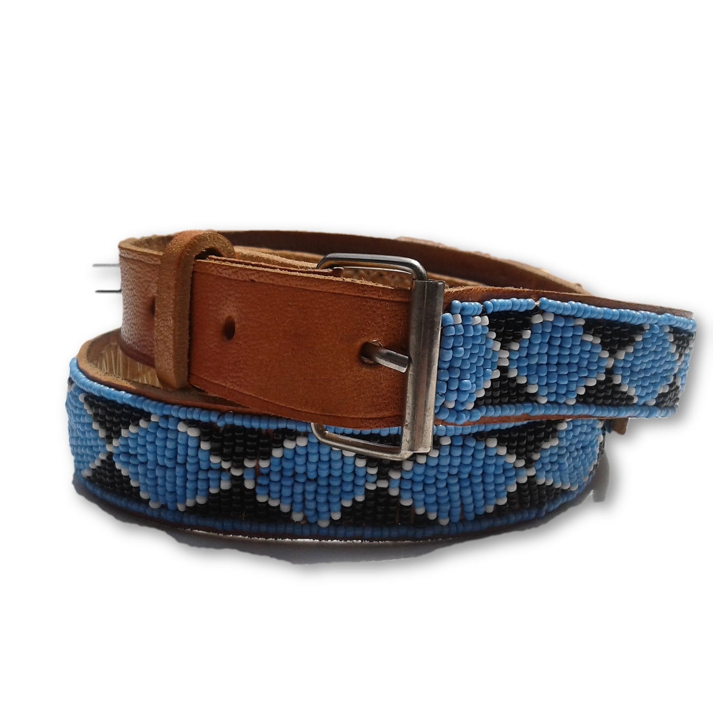 Blue belt. Material: Beads and leather
