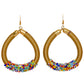 Brown beaded hoop earrings made with brown yarn and multicolor beads