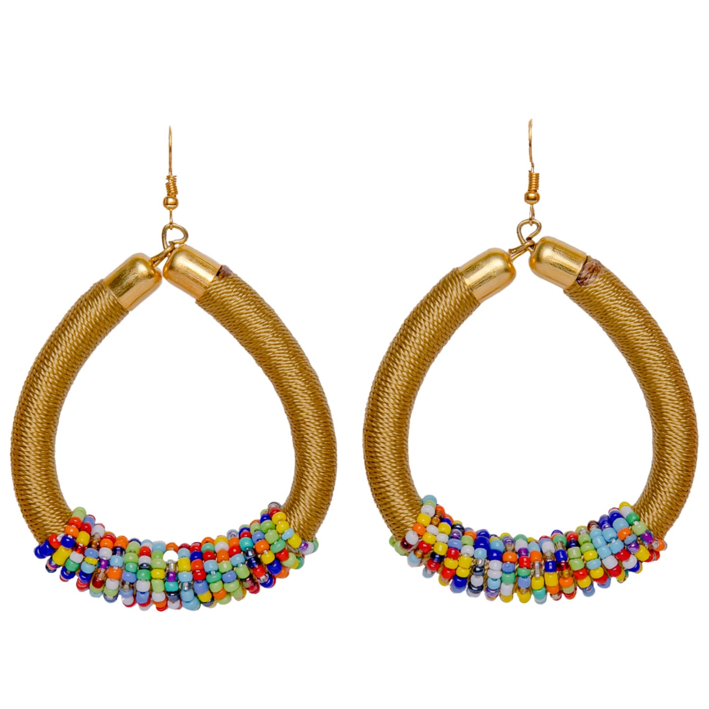 Brown beaded hoop earrings made with brown yarn and multicolor beads