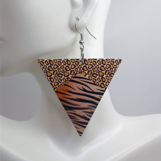 Brown Animal Print Triangle Earrings