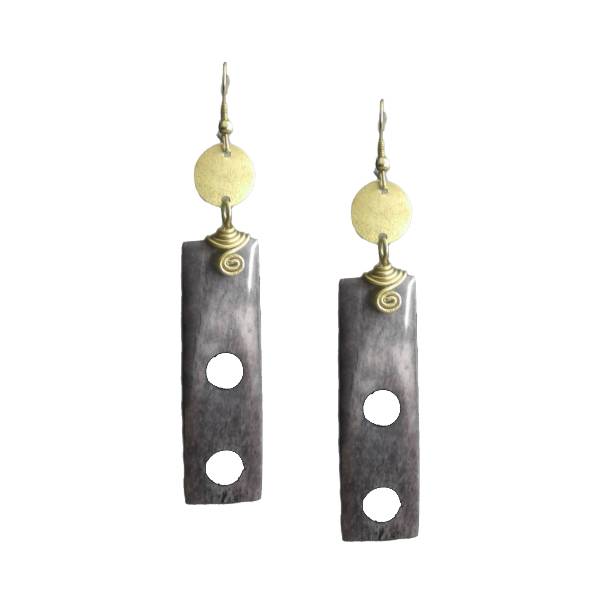 Long Bar Gray Earrings made with camel bone and gold plated brass