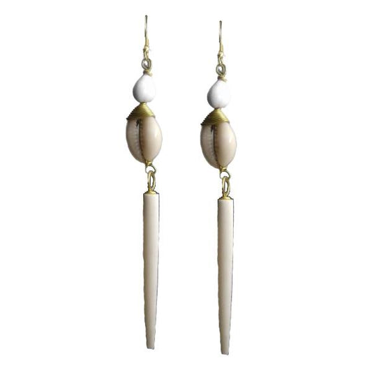 Long earrings handmade with cowrie shells, gold plated brass and camel bone.