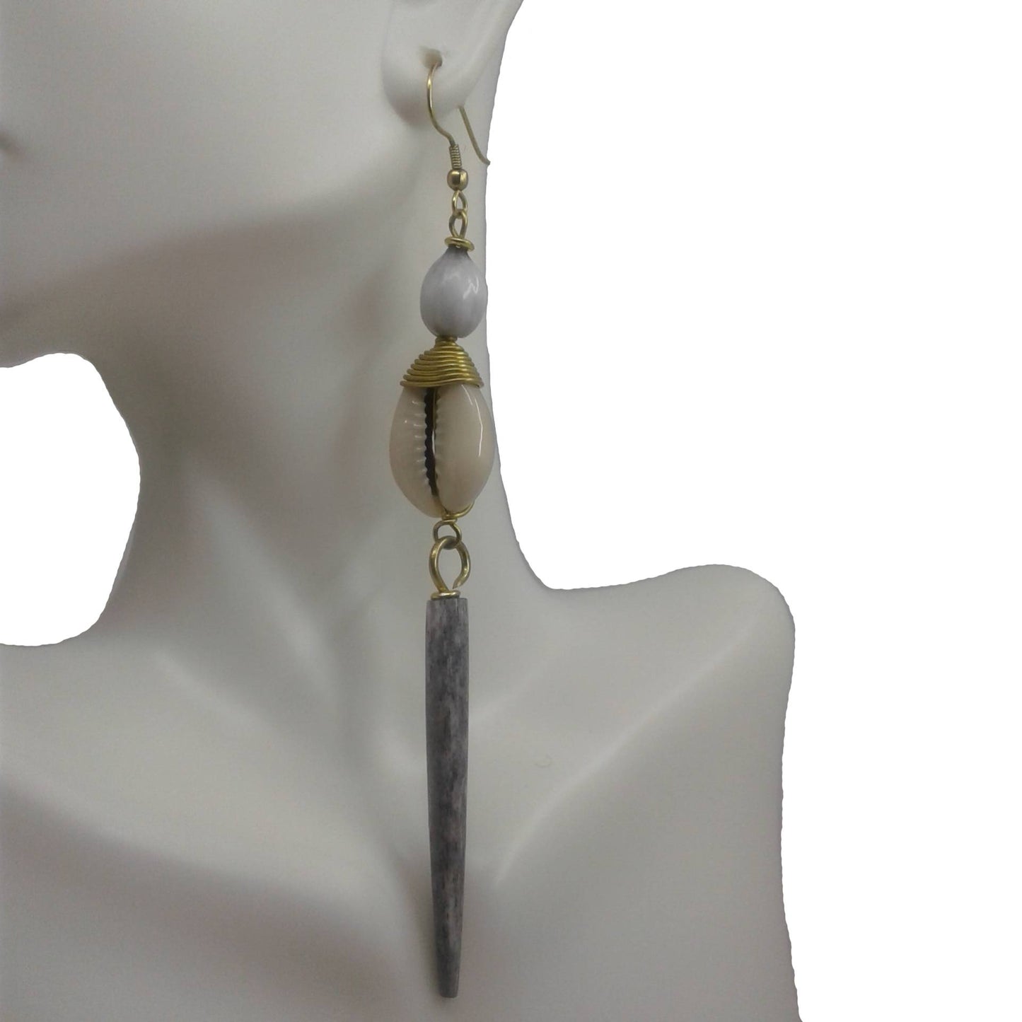 Long Gray Cowrie Shell Dangle Earrings
