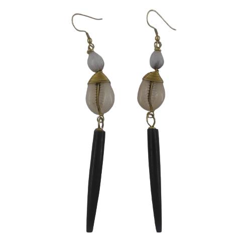 Long Shell Earrings. Handmade with camel bone, cowrie shell and gold plated brass.