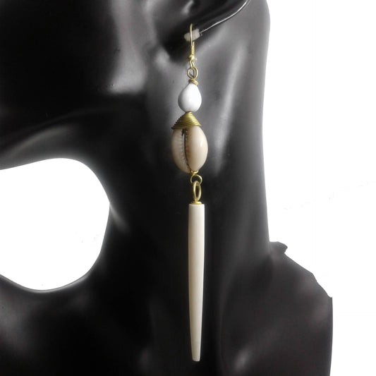 Long earrings handmade with cowrie shells, gold plated brass and camel bone.
