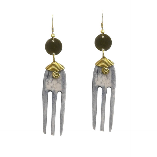 Long Earrings came with camel bone and gold plated brass. The camel bone is carved into an afro pick comb.