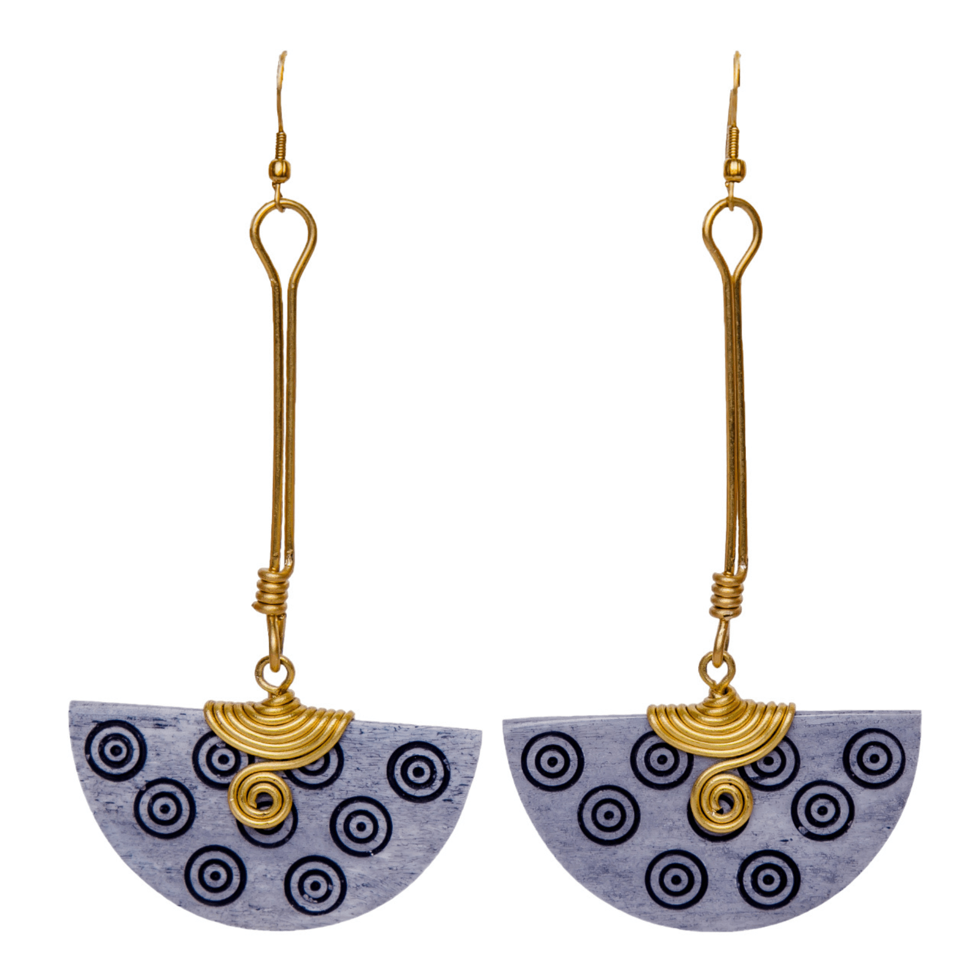 Long Gray earrings handmade with camel bone and gold plated brass. The camel bone is hand painted with circles