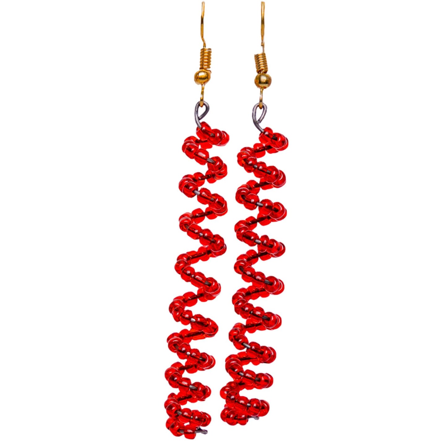 Red Beaded Spiral Earrings