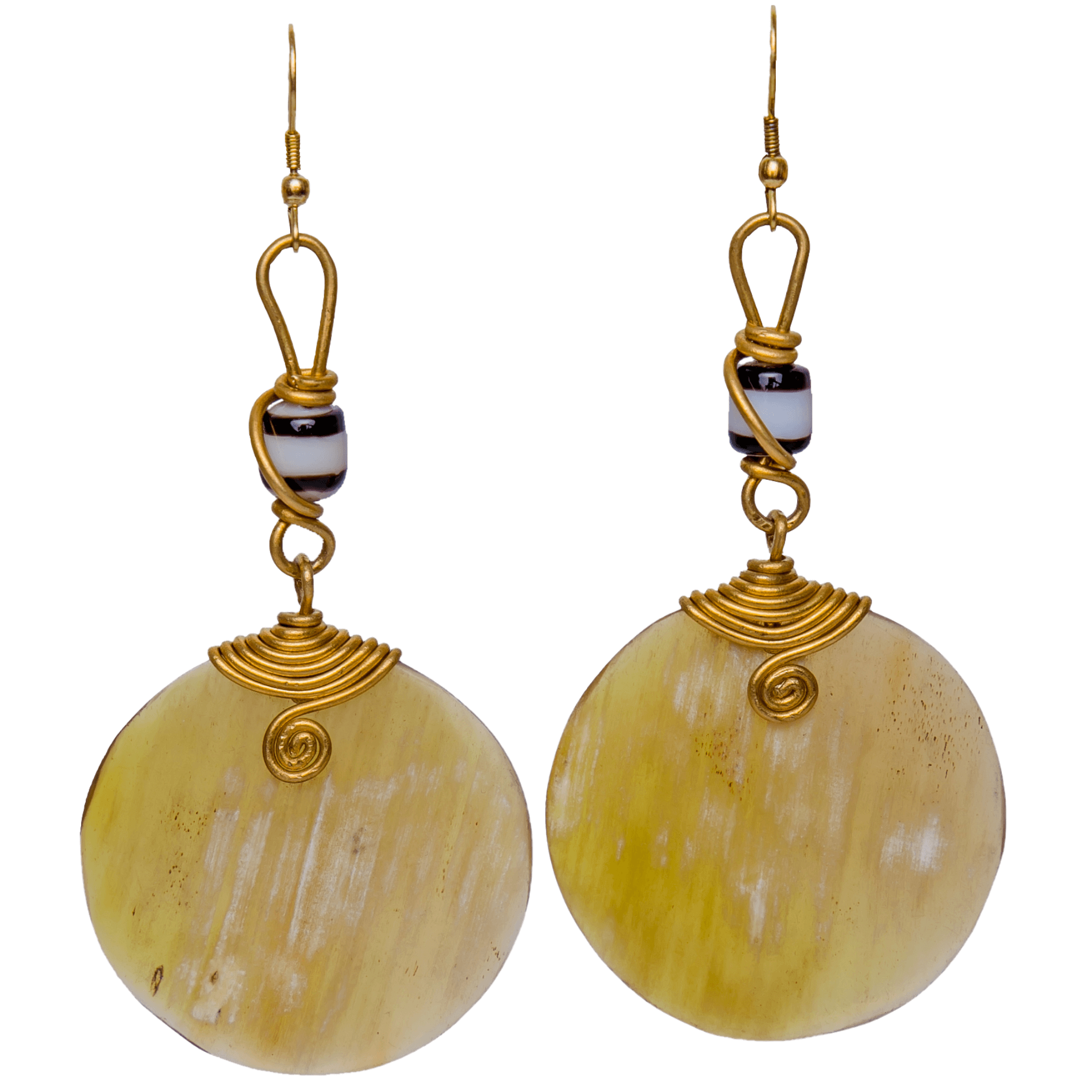 Long round earrings made with camel bone , gold plated brass and beads.