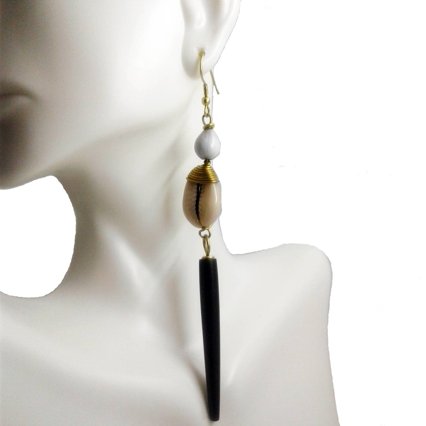 Long Shell Earrings. Handmade with camel bone, cowrie shell and gold plated brass.