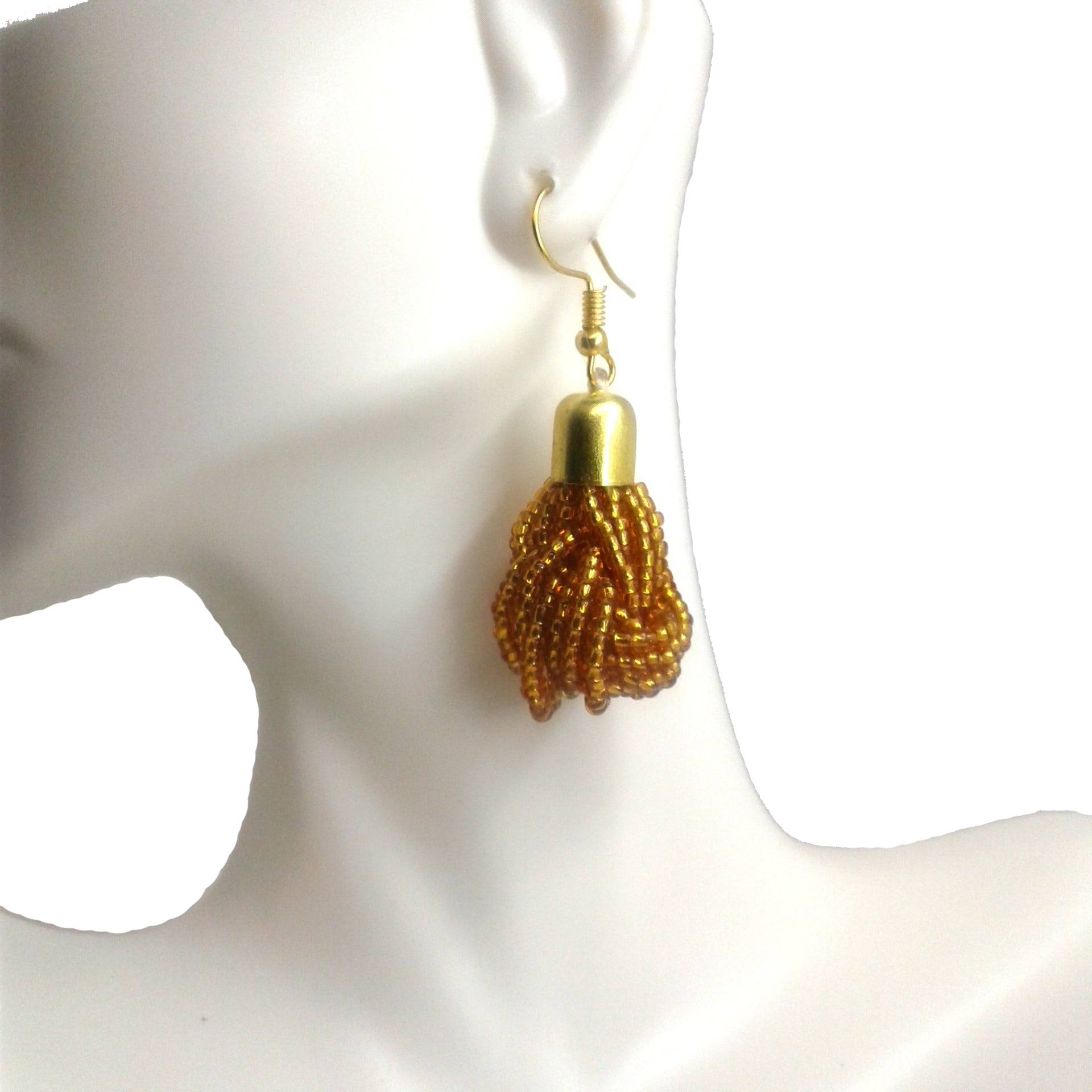Small Dangle Earrings handmade with brown beads and gold plated brass