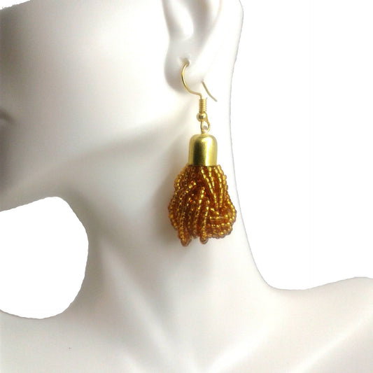 Small Dangle Earrings handmade with brown beads and gold plated brass
