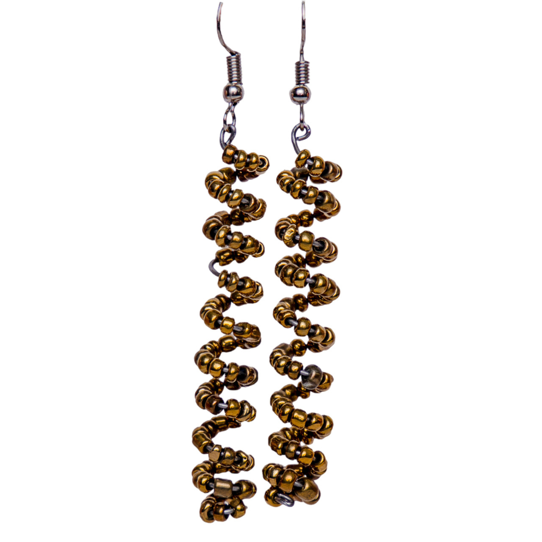 Spiral Earrings handmade with golden beads and silver plated brass