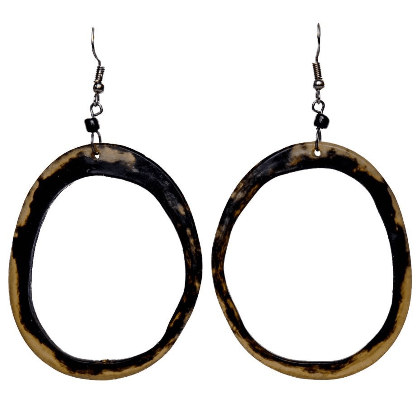 Unique 3 Inch Hoop Earrings. Handmade with camel bone and silver plated brass