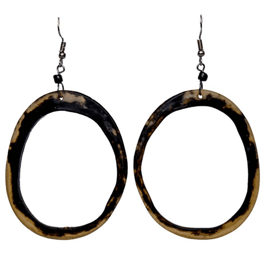 Unique 3 Inch Hoop Earrings. Handmade with camel bone and silver plated brass