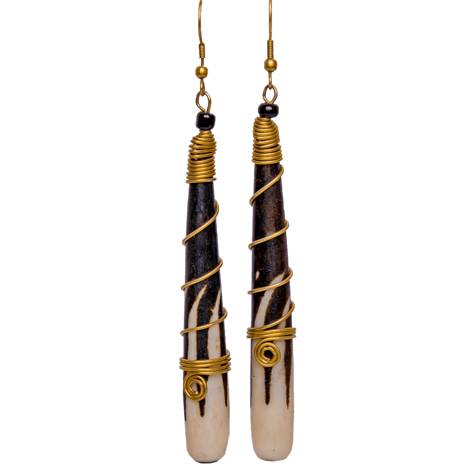 White and black long bar earrings wrapped with gold plated brass